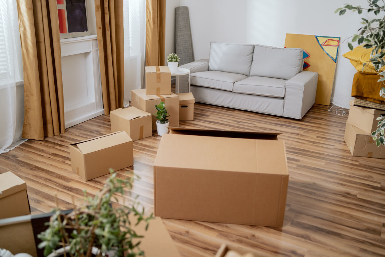 Cardboard boxes are sitting on the floor as a living room is being set up