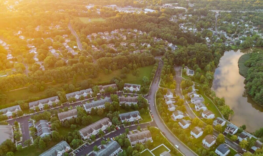 Aerial shot of houses in a winding neighborhood