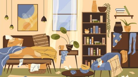 A concept of a dirty living room with clothing on furniture and the floor.