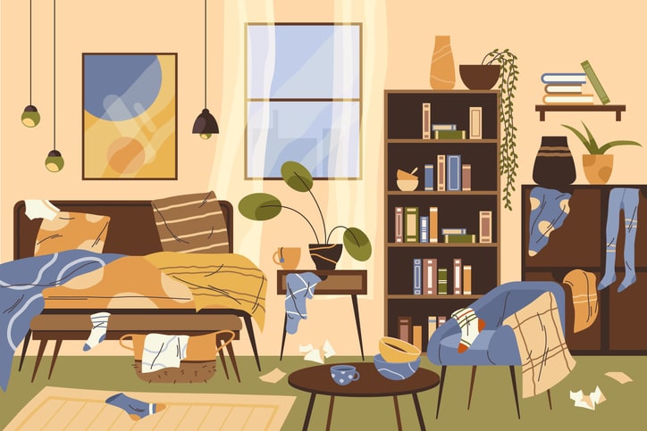 A concept of a dirty living room with clothing on furniture and the floor