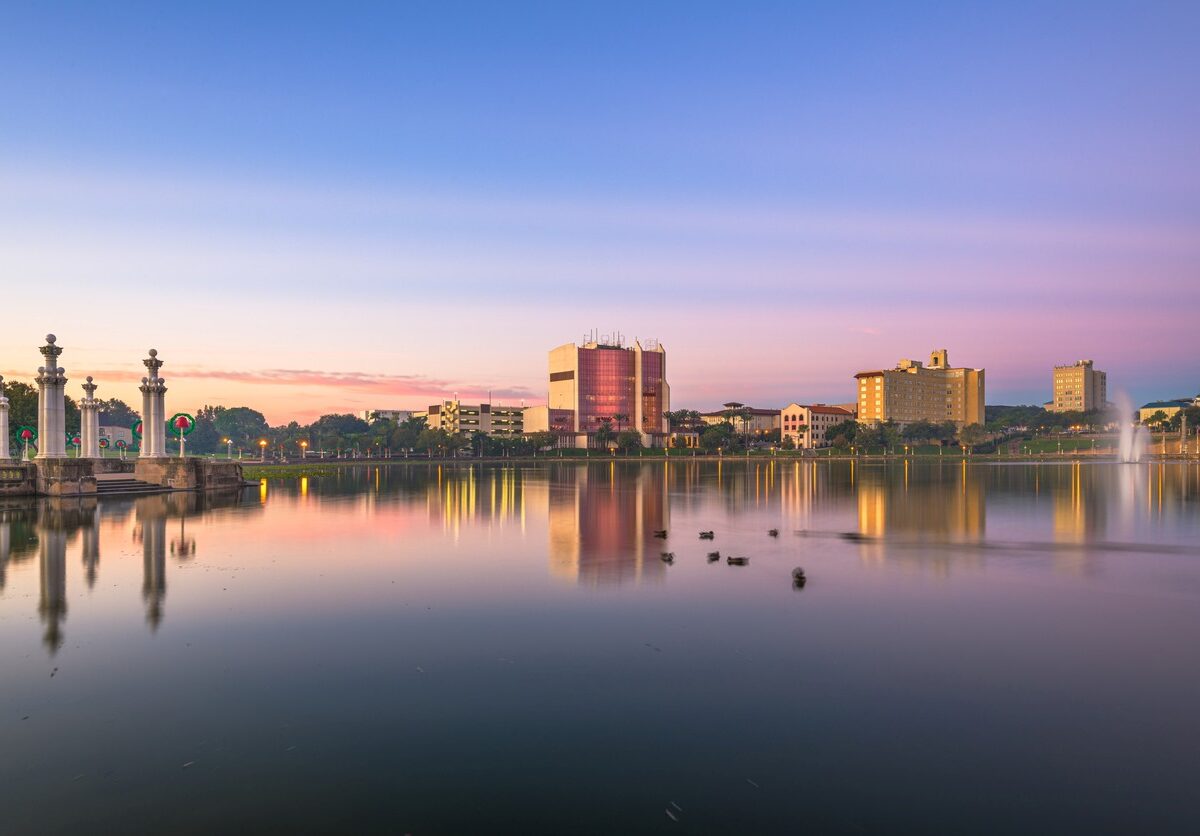 An aerial view of Lakeland, FL, with waterfowl in the foreground and the city skyline in the background.