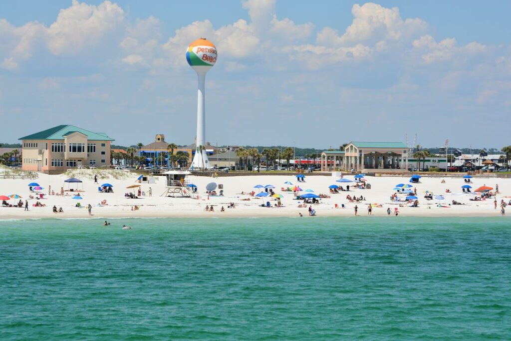 Beachgoers at Pensacola Beach in Escambia County, FL.